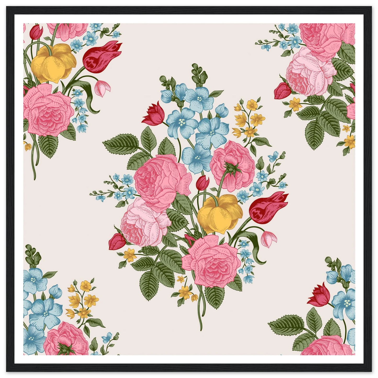 Pastel Rose Swag Art Print | William Morris Inspired - Framed Poster - 30x30 cm / 12x12″ - Black frame