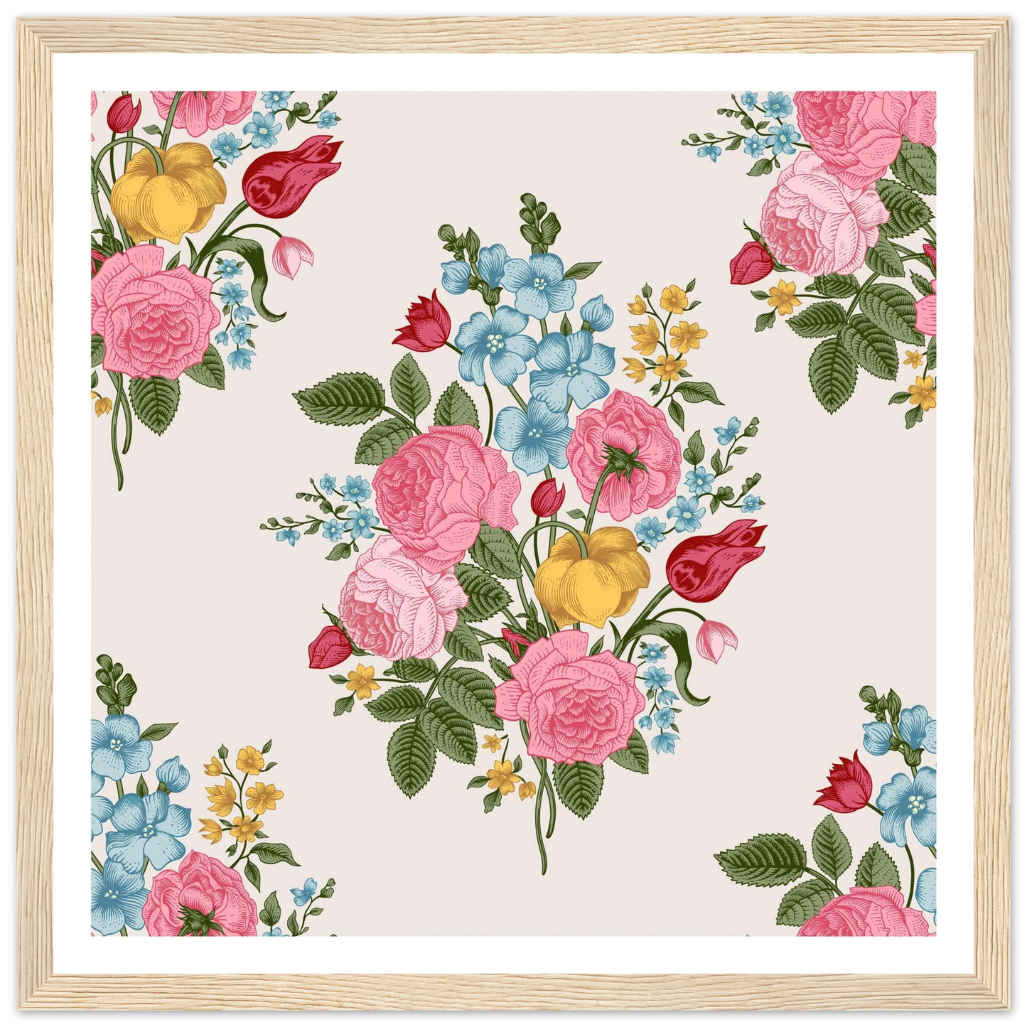 Pastel Rose Swag Art Print | William Morris Inspired - Framed Poster - 30x30 cm / 12x12″ - Black frame
