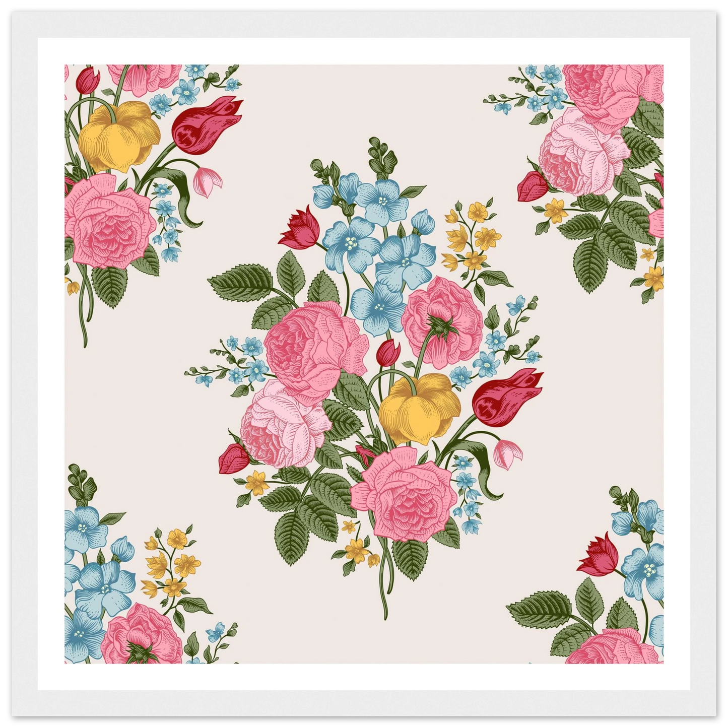 Pastel Rose Swag Art Print | William Morris Inspired - Framed Poster - 30x30 cm / 12x12″ - Black frame