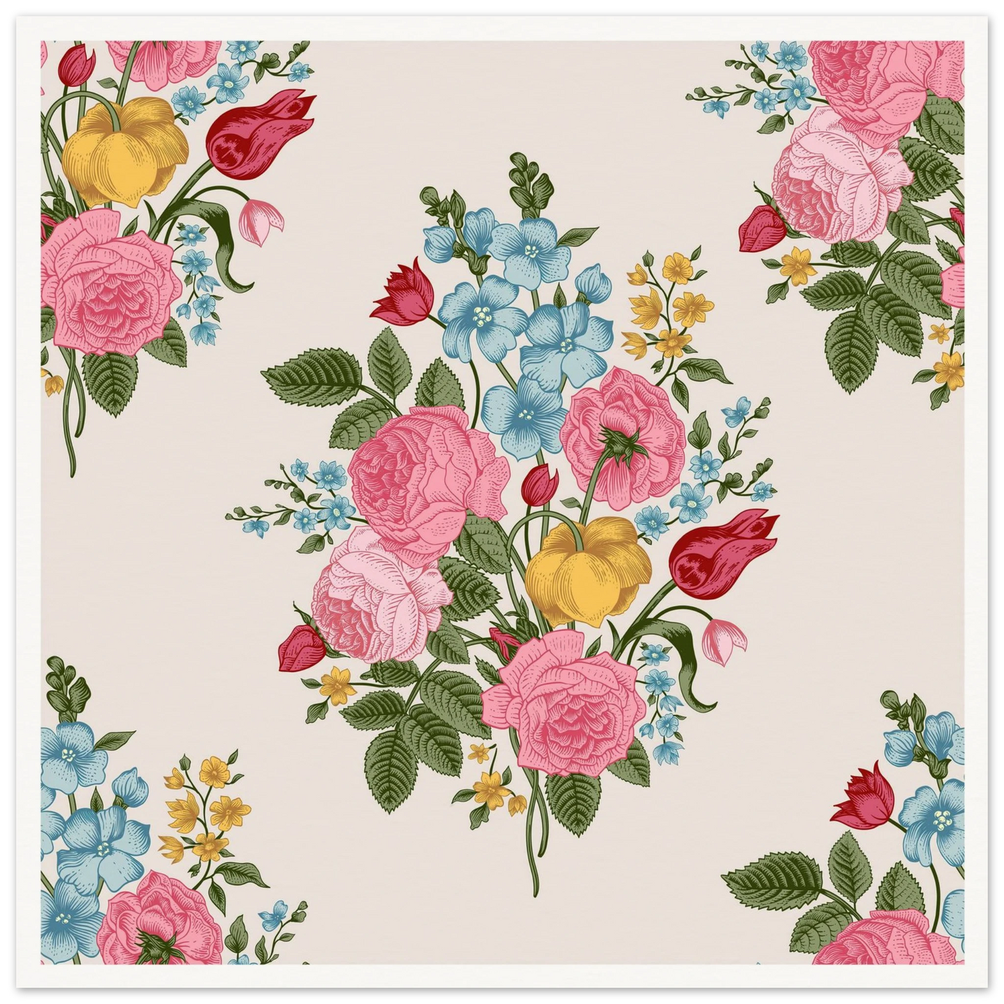 Pastel Rose Swag Art Print | William Morris Inspired - Framed Poster - 30x30 cm / 12x12″ - Black frame