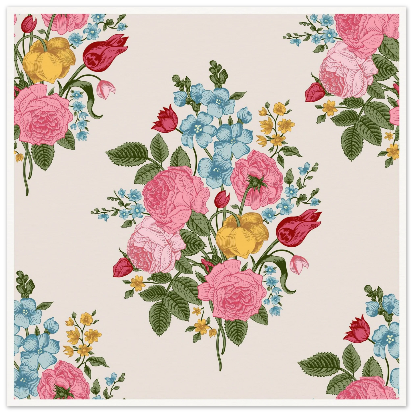 Pastel Rose Swag Art Print | William Morris Inspired - Framed Poster - 30x30 cm / 12x12″ - Black frame