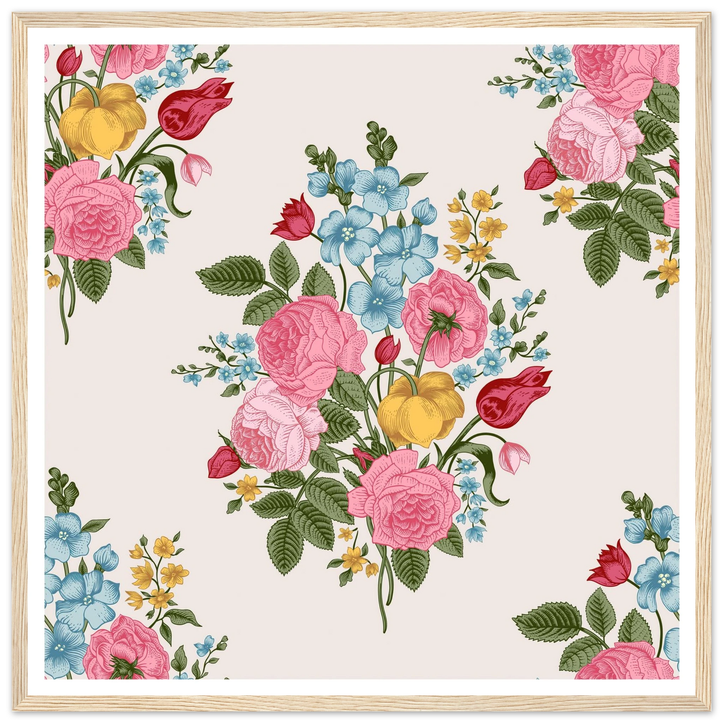 Pastel Rose Swag Art Print | William Morris Inspired - Framed Poster - 30x30 cm / 12x12″ - Black frame