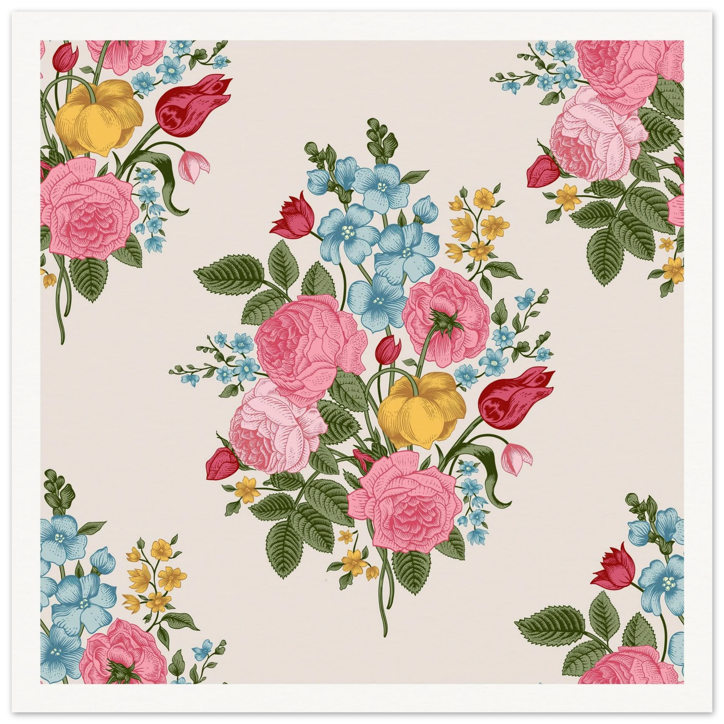 Pastel Rose Swag Art Print | William Morris Inspired - Framed Poster - 30x30 cm / 12x12″ - Black frame