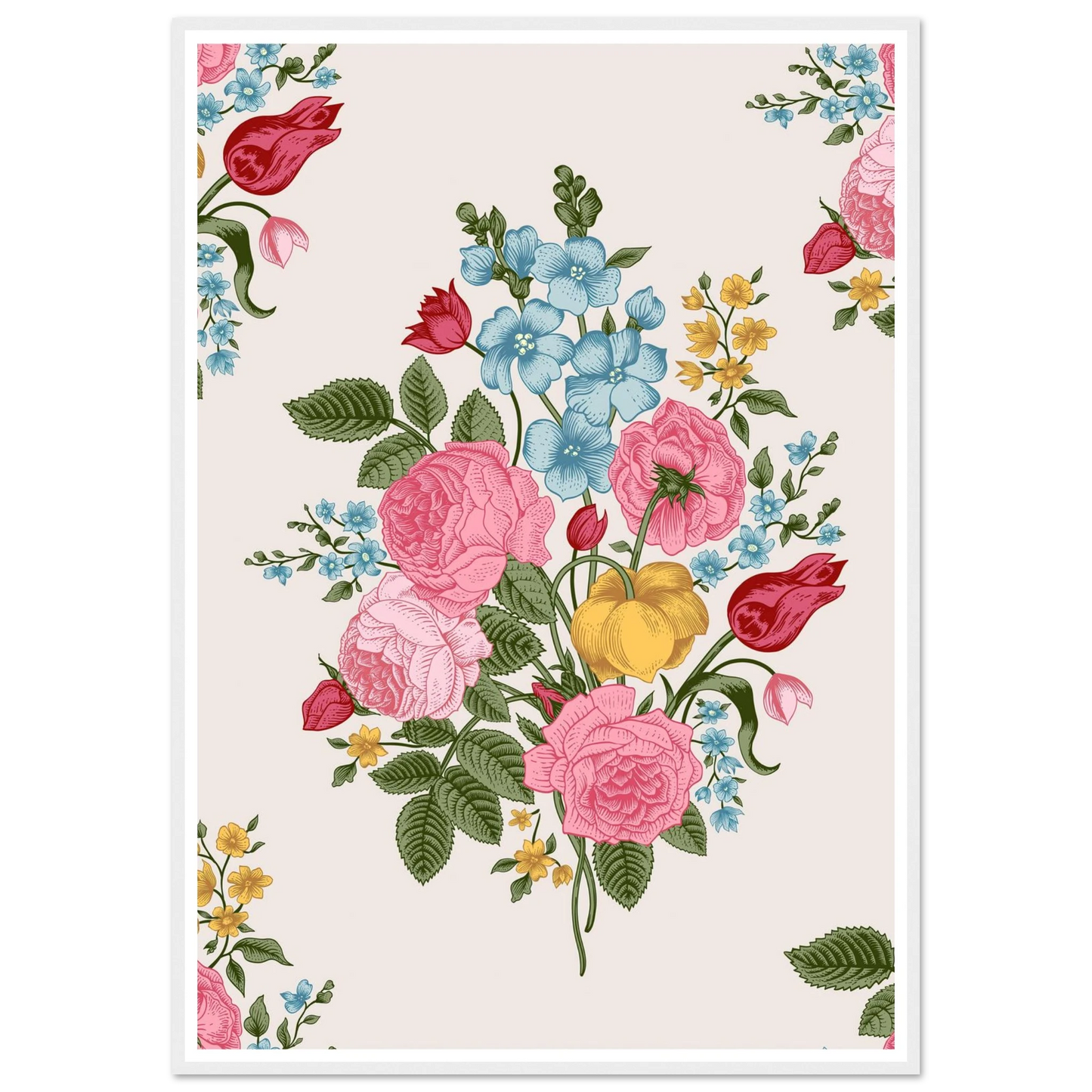 Pastel Rose Swag Art Print | William Morris Inspired - Framed Poster - 30x30 cm / 12x12″ - Black frame