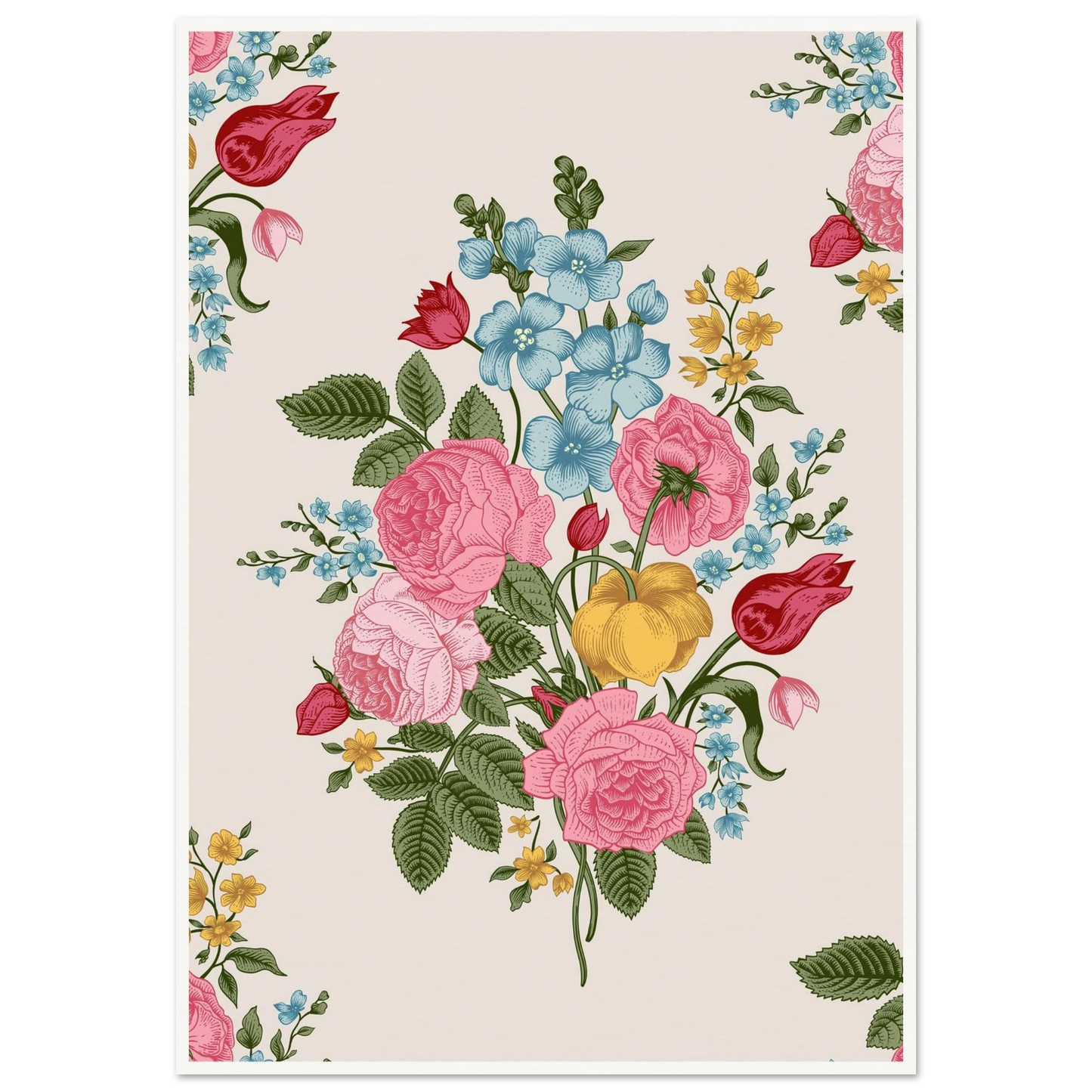 Pastel Rose Swag Art Print | William Morris Inspired - Framed Poster - 30x30 cm / 12x12″ - Black frame