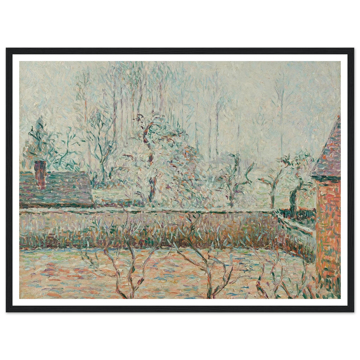 Paysage Avec Maisons Et Mur De Clôture, Givre Et Brume, Éragny (1892) Art Print | Camille Pissarro - Framed Poster - 30x40 cm / 12x16″ - Black frame