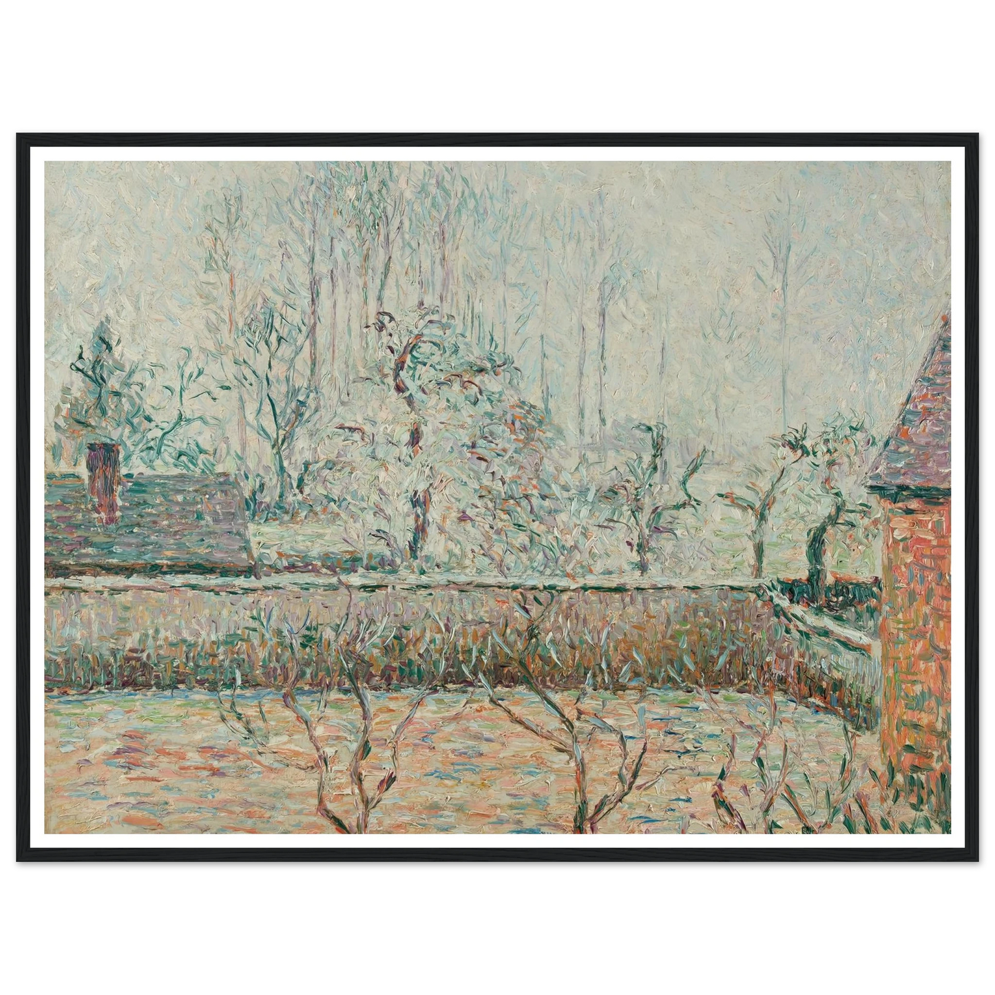 Paysage Avec Maisons Et Mur De Clôture, Givre Et Brume, Éragny (1892) Art Print | Camille Pissarro - Framed Poster - 30x40 cm / 12x16″ - Black frame