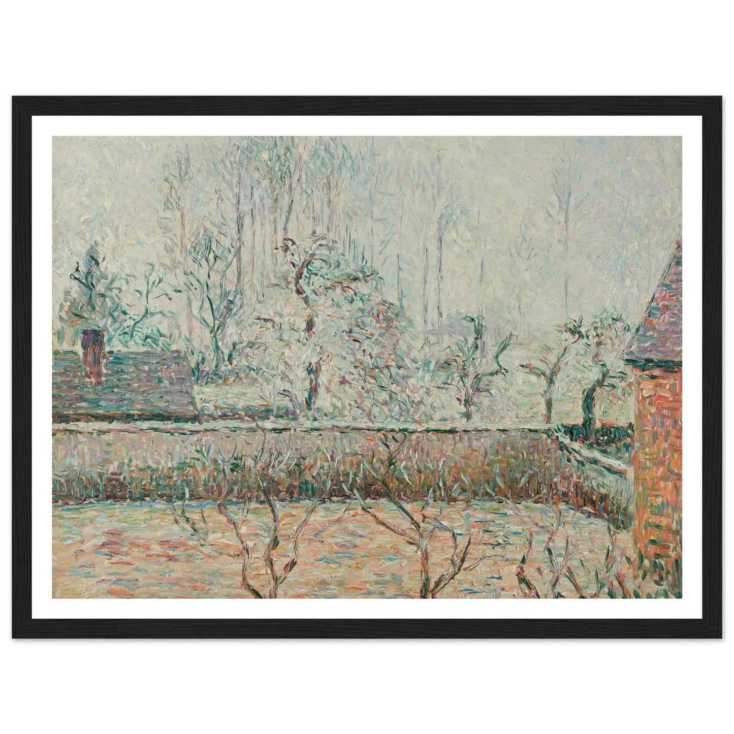 Paysage Avec Maisons Et Mur De Clôture, Givre Et Brume, Éragny (1892) Art Print | Camille Pissarro - Framed Poster - 30x40 cm / 12x16″ - Black frame