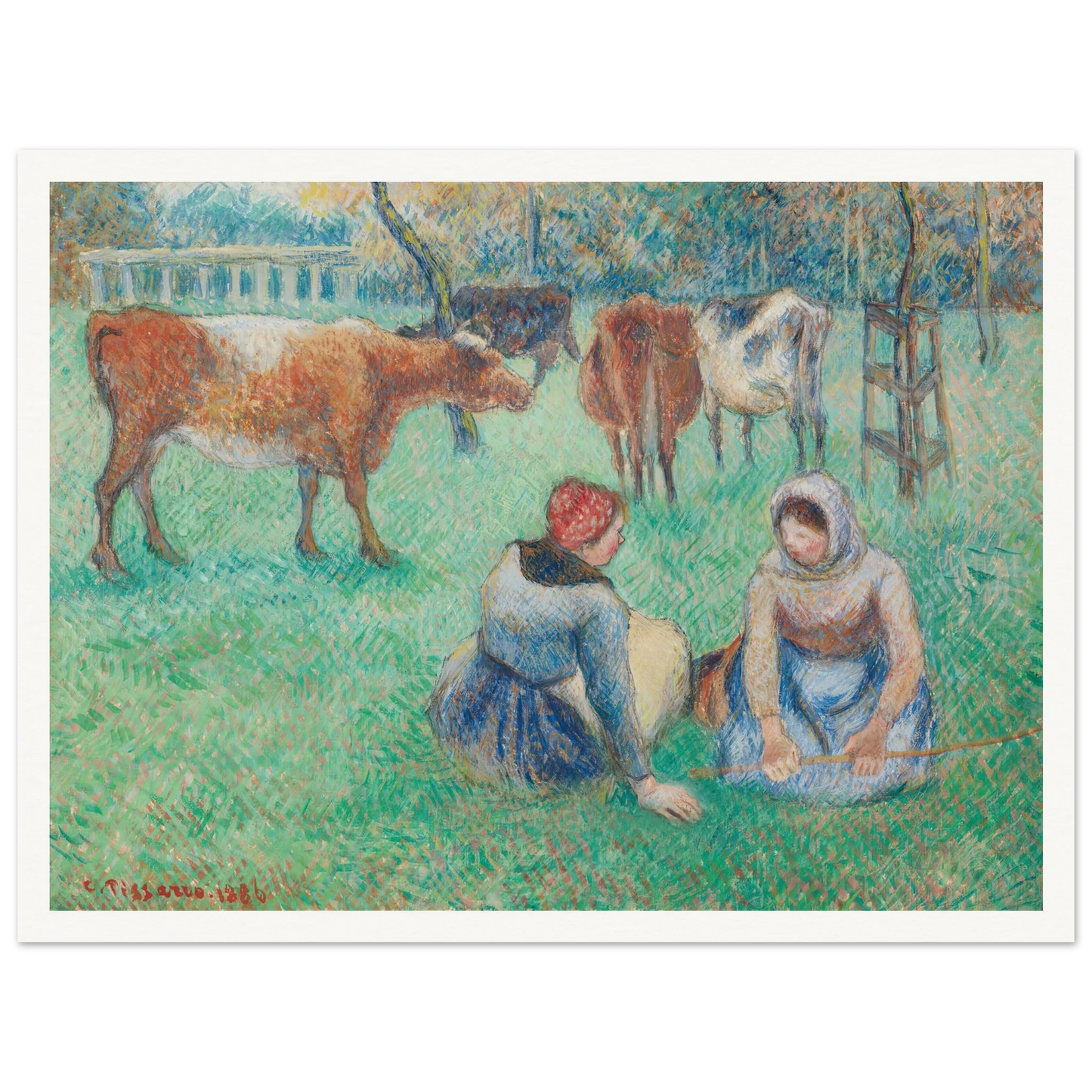 Paysannes assises gardant des vaches (1886) Art Print | Camille Pissarro - Framed Poster - 30x40 cm / 12x16″ - Black frame