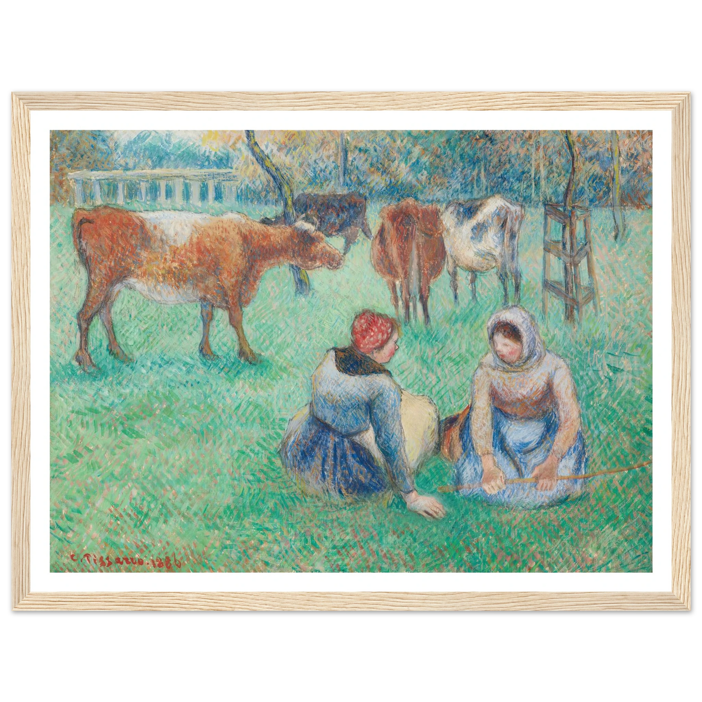 Paysannes assises gardant des vaches (1886) Art Print | Camille Pissarro - Framed Poster - 30x40 cm / 12x16″ - Black frame