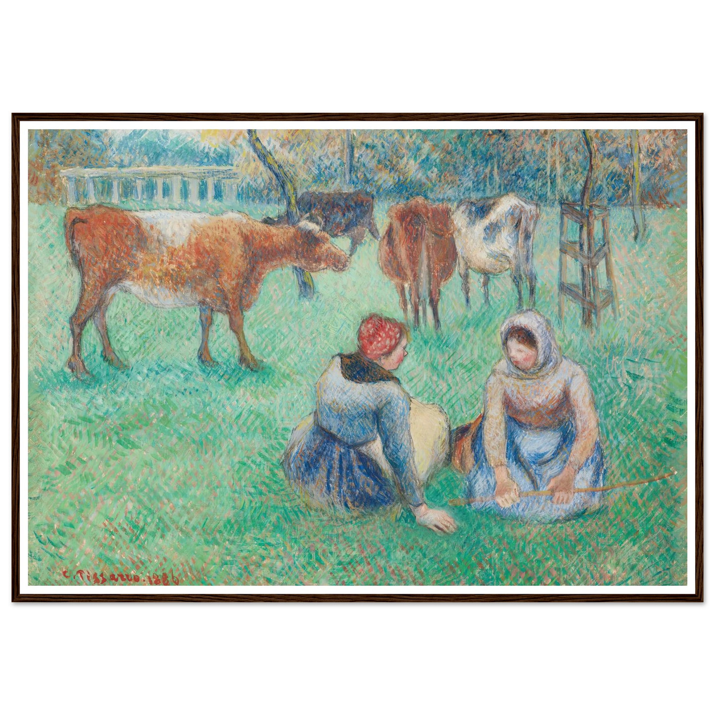 Paysannes assises gardant des vaches (1886) Art Print | Camille Pissarro - Framed Poster - 30x40 cm / 12x16″ - Black frame