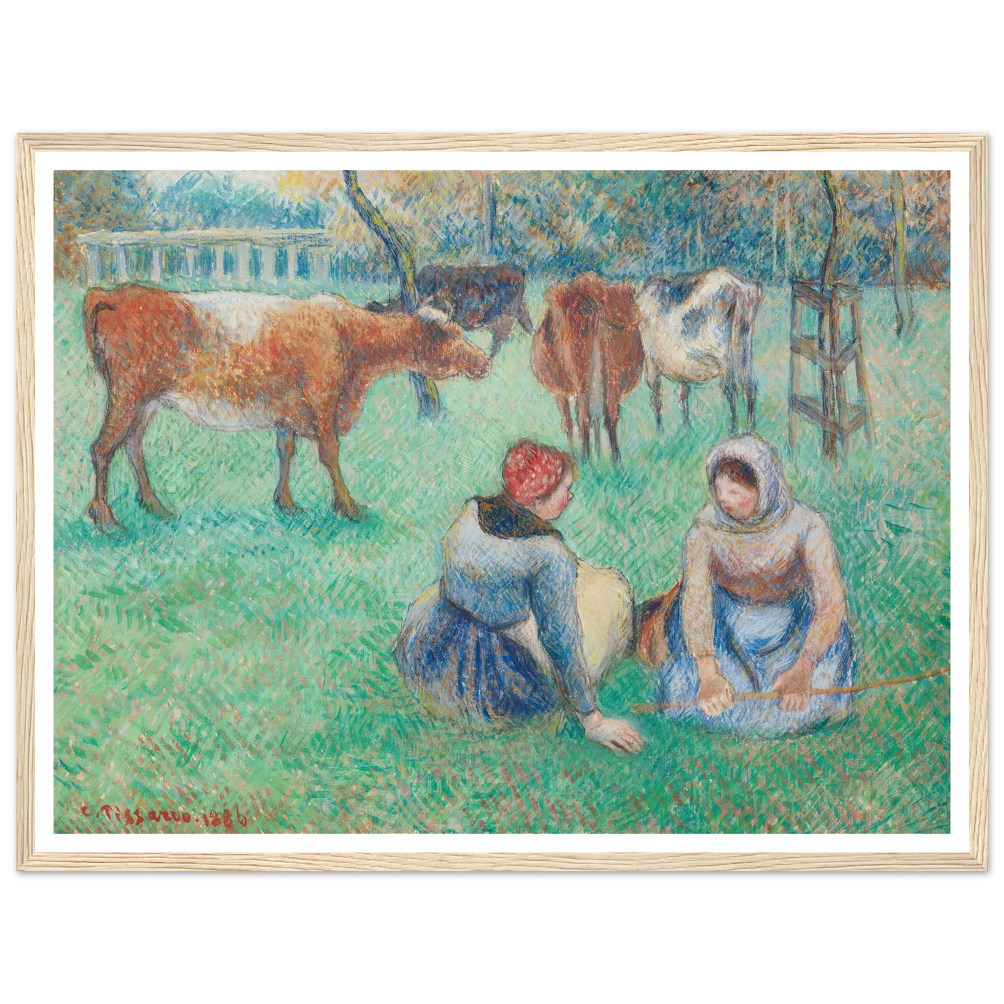 Paysannes assises gardant des vaches (1886) Art Print | Camille Pissarro - Framed Poster - 30x40 cm / 12x16″ - Black frame