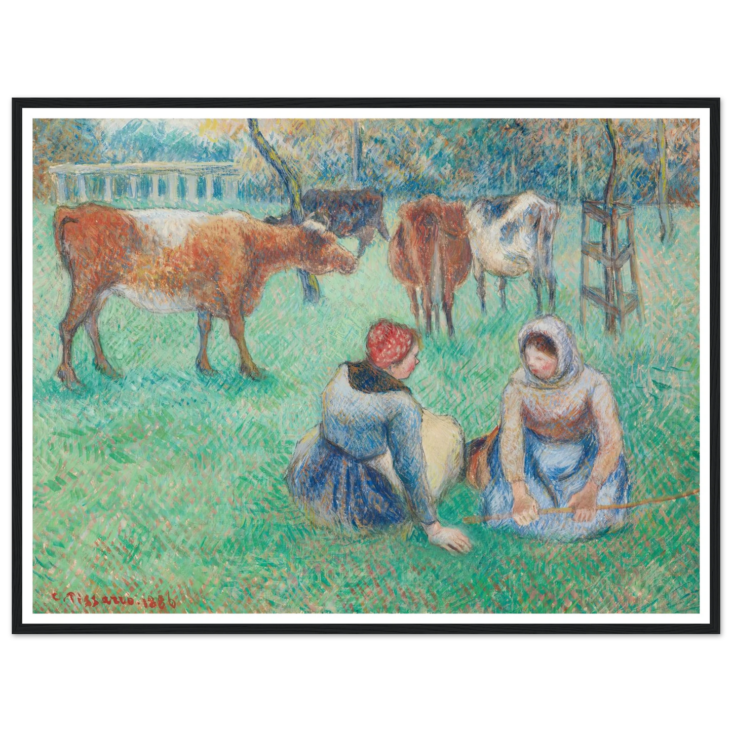 Paysannes assises gardant des vaches (1886) Art Print | Camille Pissarro - Framed Poster - 30x40 cm / 12x16″ - Black frame