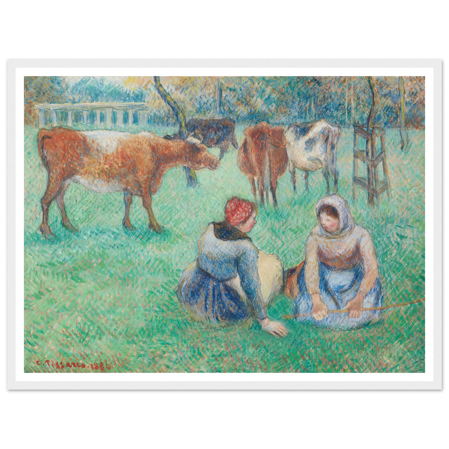 Paysannes assises gardant des vaches (1886) Art Print | Camille Pissarro - Framed Poster - 30x40 cm / 12x16″ - Black frame