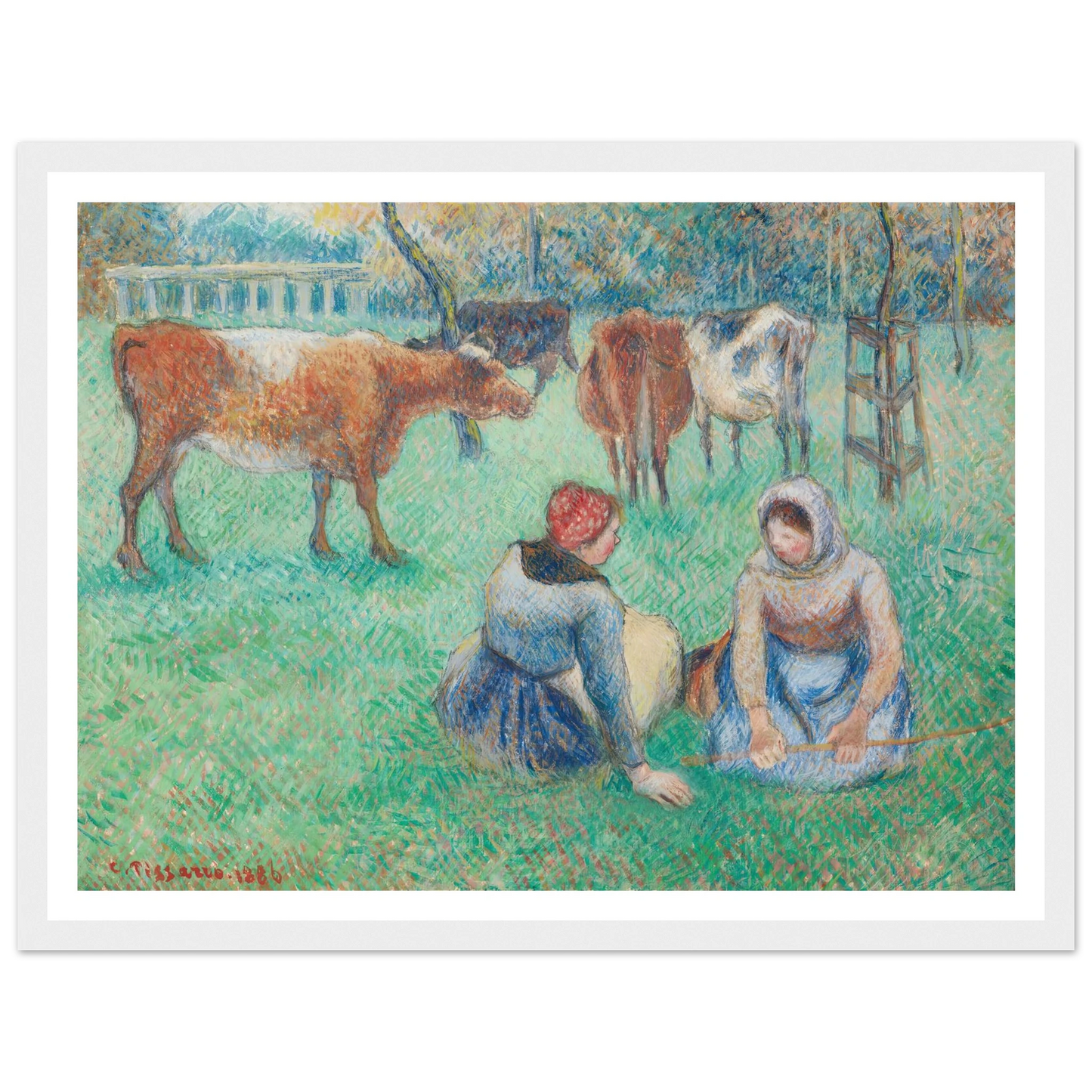 Paysannes assises gardant des vaches (1886) Art Print | Camille Pissarro - Framed Poster - 30x40 cm / 12x16″ - Black frame