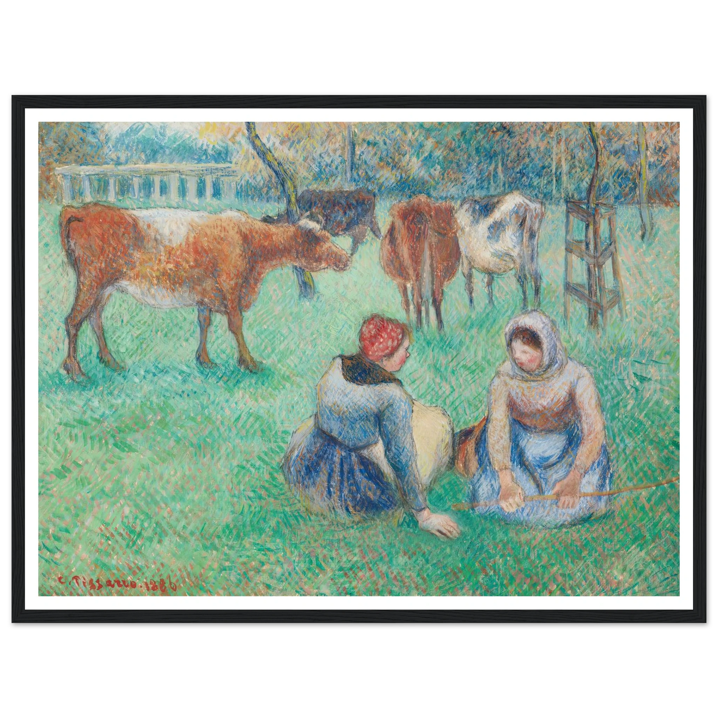 Paysannes assises gardant des vaches (1886) Art Print | Camille Pissarro - Framed Poster - 30x40 cm / 12x16″ - Black frame