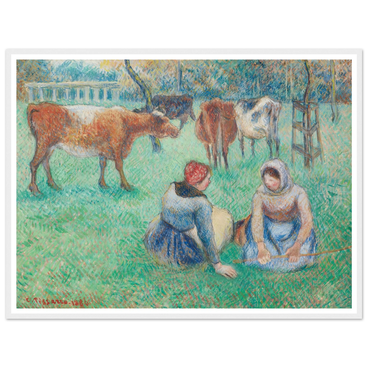 Paysannes assises gardant des vaches (1886) Art Print | Camille Pissarro - Framed Poster - 30x40 cm / 12x16″ - Black frame