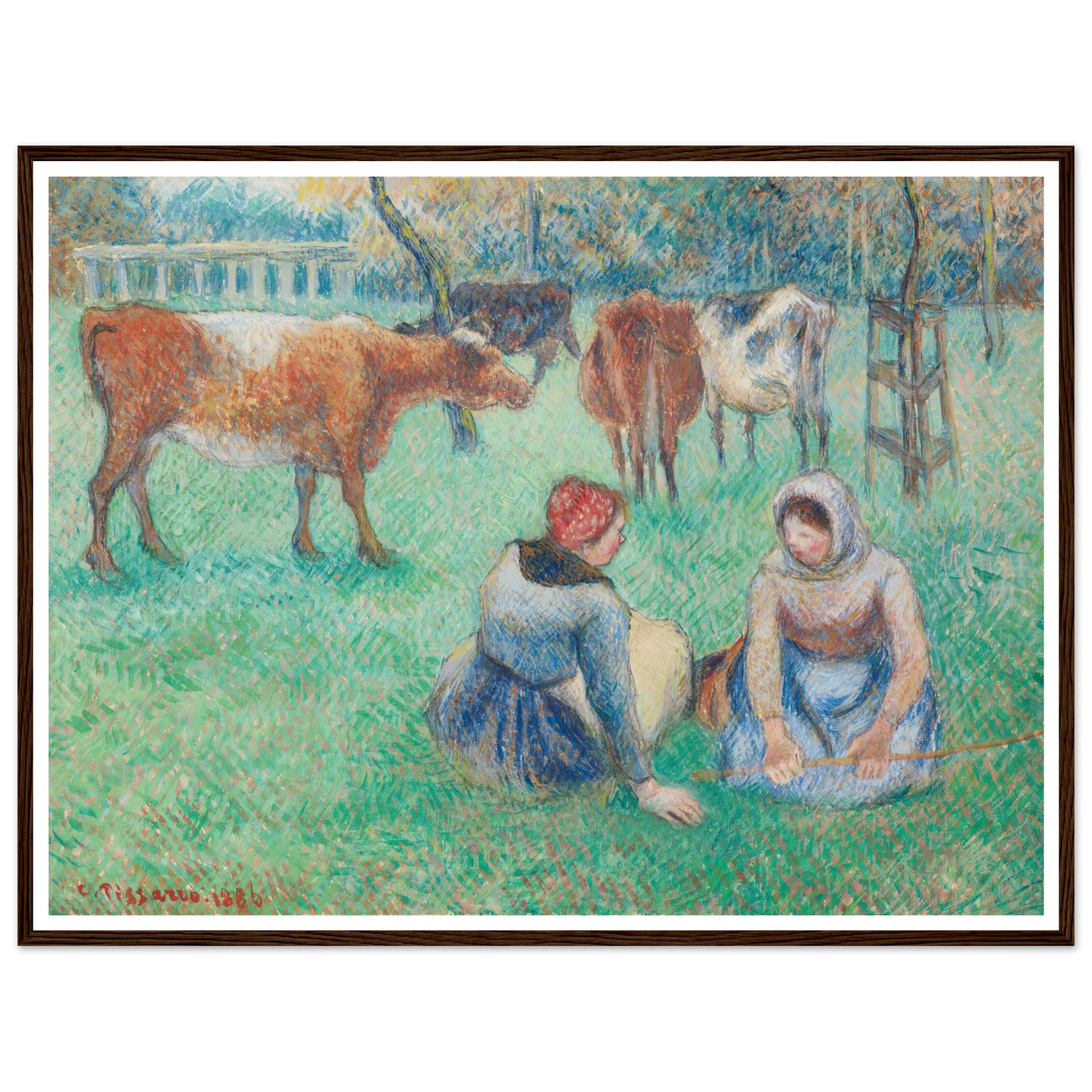 Paysannes assises gardant des vaches (1886) Art Print | Camille Pissarro - Framed Poster - 30x40 cm / 12x16″ - Black frame