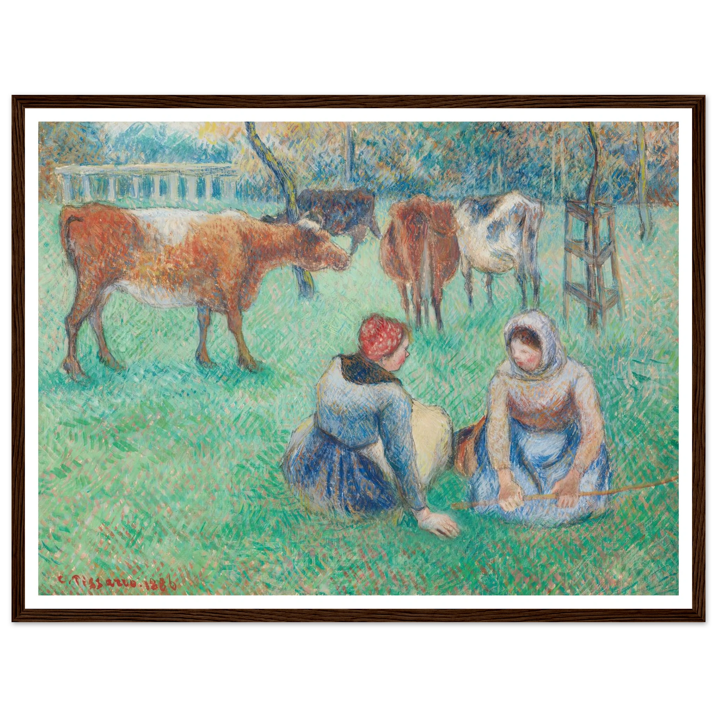 Paysannes assises gardant des vaches (1886) Art Print | Camille Pissarro - Framed Poster - 30x40 cm / 12x16″ - Black frame