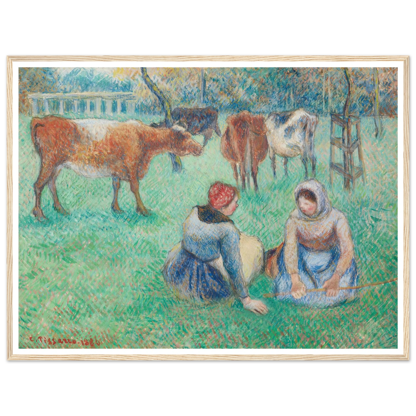 Paysannes assises gardant des vaches (1886) Art Print | Camille Pissarro - Framed Poster - 30x40 cm / 12x16″ - Black frame
