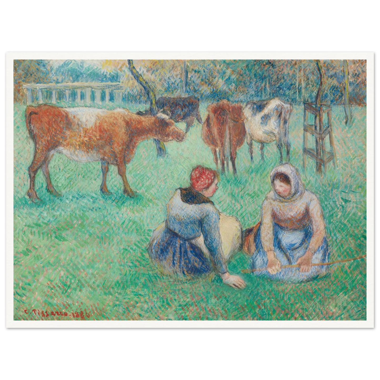 Paysannes assises gardant des vaches (1886) Art Print | Camille Pissarro - Framed Poster - 30x40 cm / 12x16″ - Black frame
