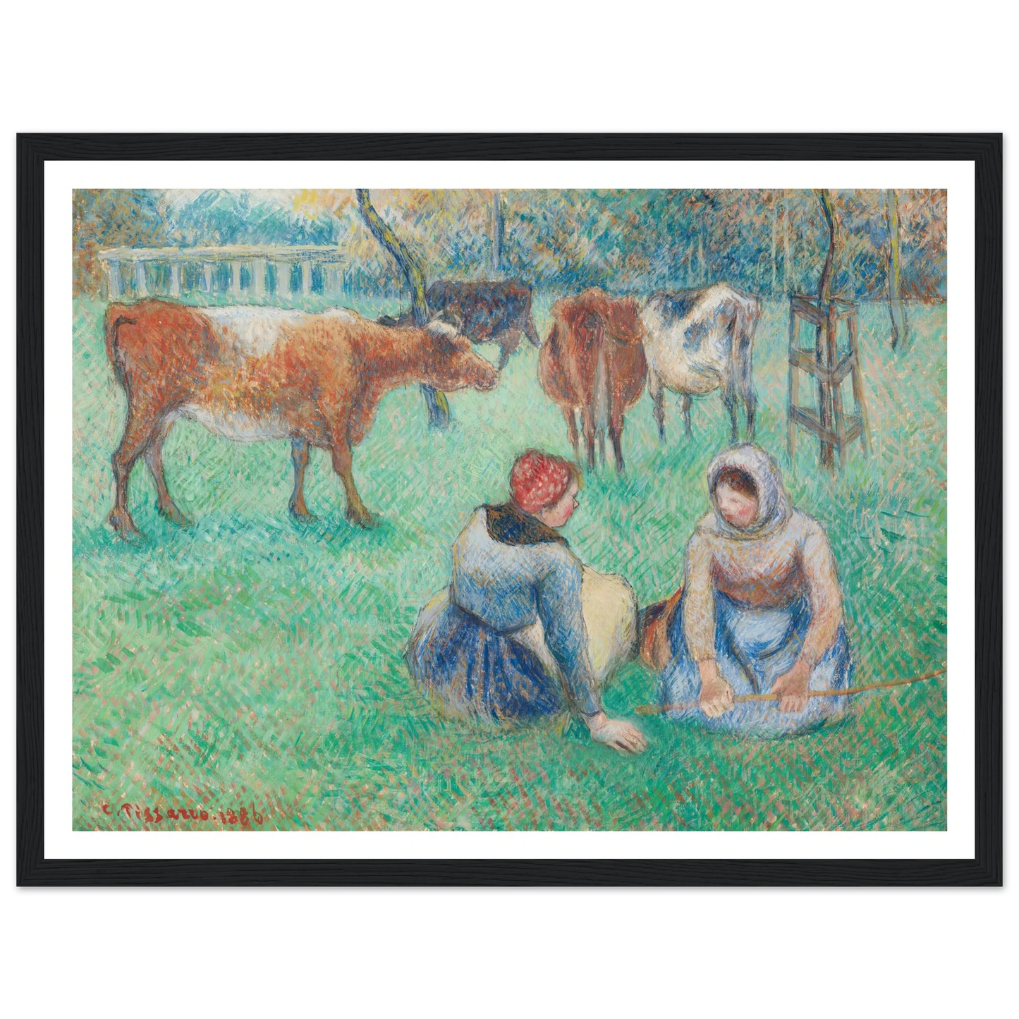 Paysannes assises gardant des vaches (1886) Art Print | Camille Pissarro - Framed Poster - 30x40 cm / 12x16″ - Black frame