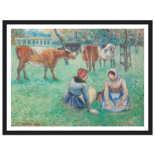 Paysannes assises gardant des vaches (1886) Art Print | Camille Pissarro - Framed Poster - 30x40 cm / 12x16″ - Black frame