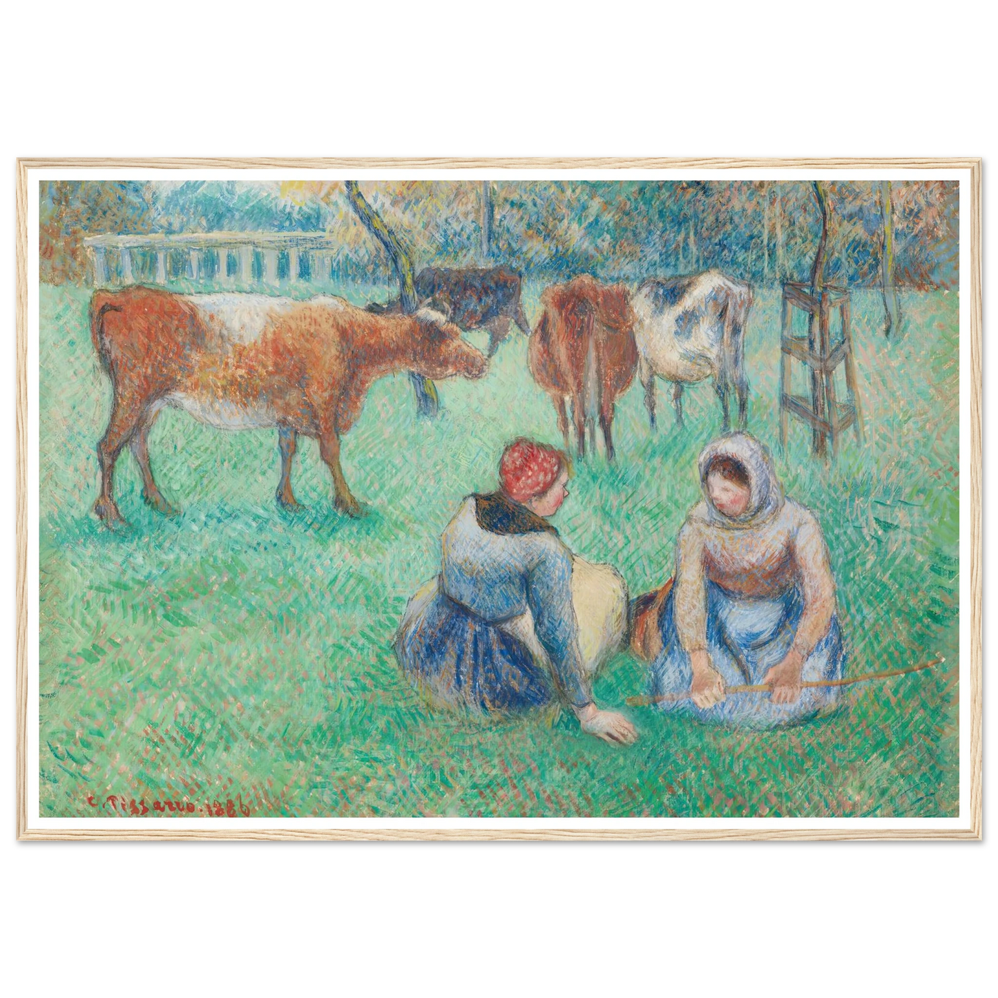 Paysannes assises gardant des vaches (1886) Art Print | Camille Pissarro - Framed Poster - 30x40 cm / 12x16″ - Black frame