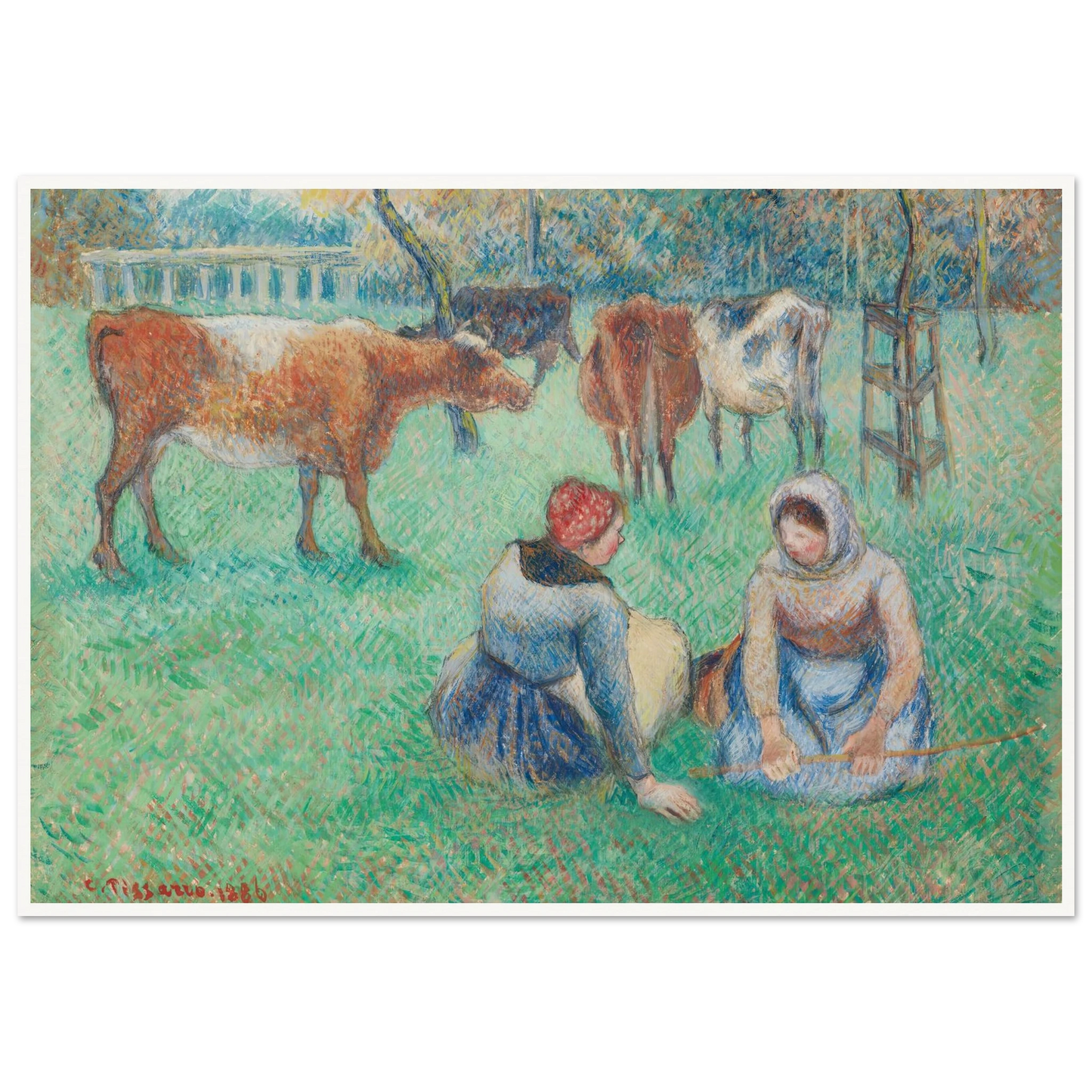 Paysannes assises gardant des vaches (1886) Art Print | Camille Pissarro - Framed Poster - 30x40 cm / 12x16″ - Black frame