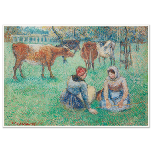 Paysannes assises gardant des vaches (1886) Art Print | Camille Pissarro - Framed Poster - 30x40 cm / 12x16″ - Black frame