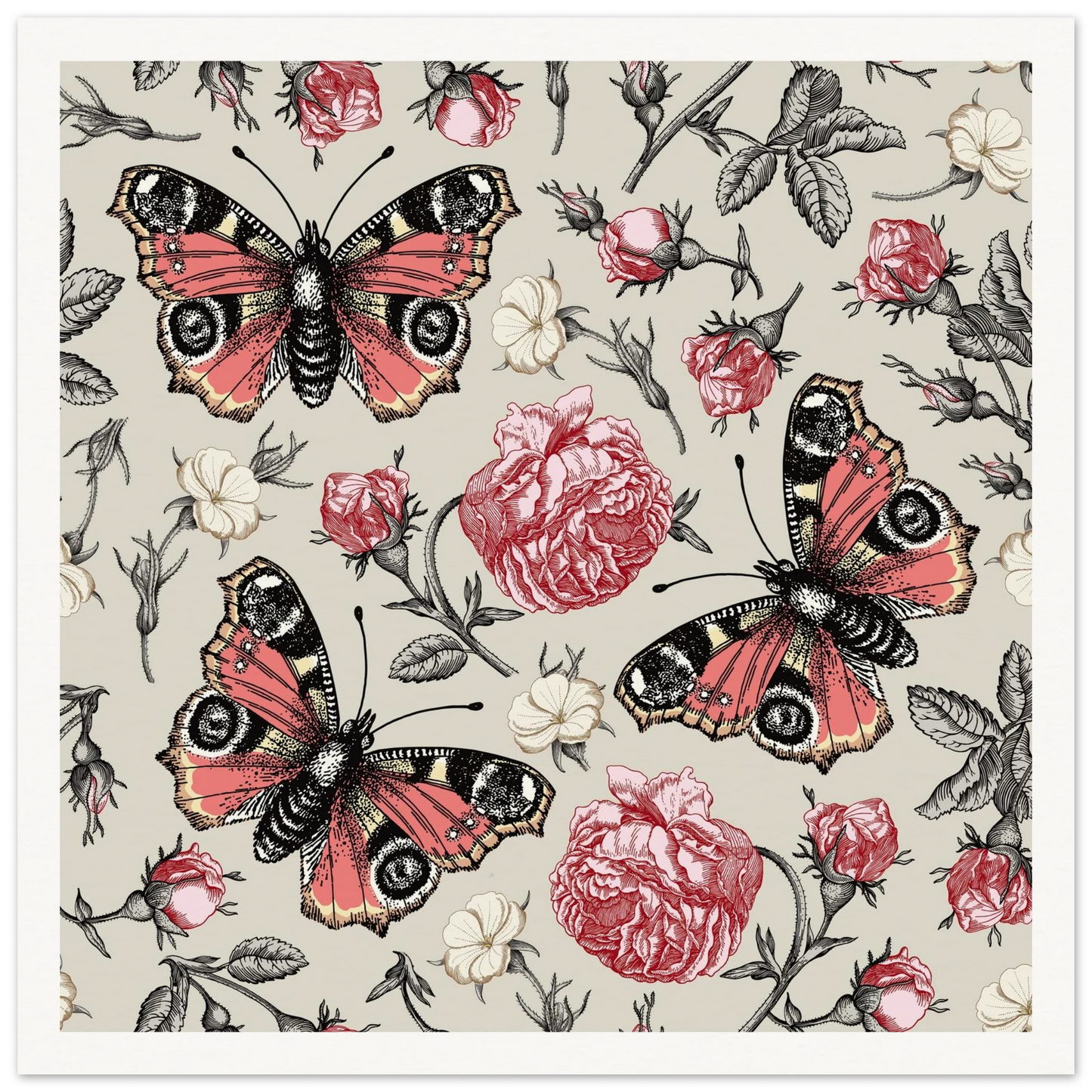 Peacock Eye & Rambler Rose Art Print | William Morris Inspired - Framed Poster - 30x30 cm / 12x12″ - Black frame