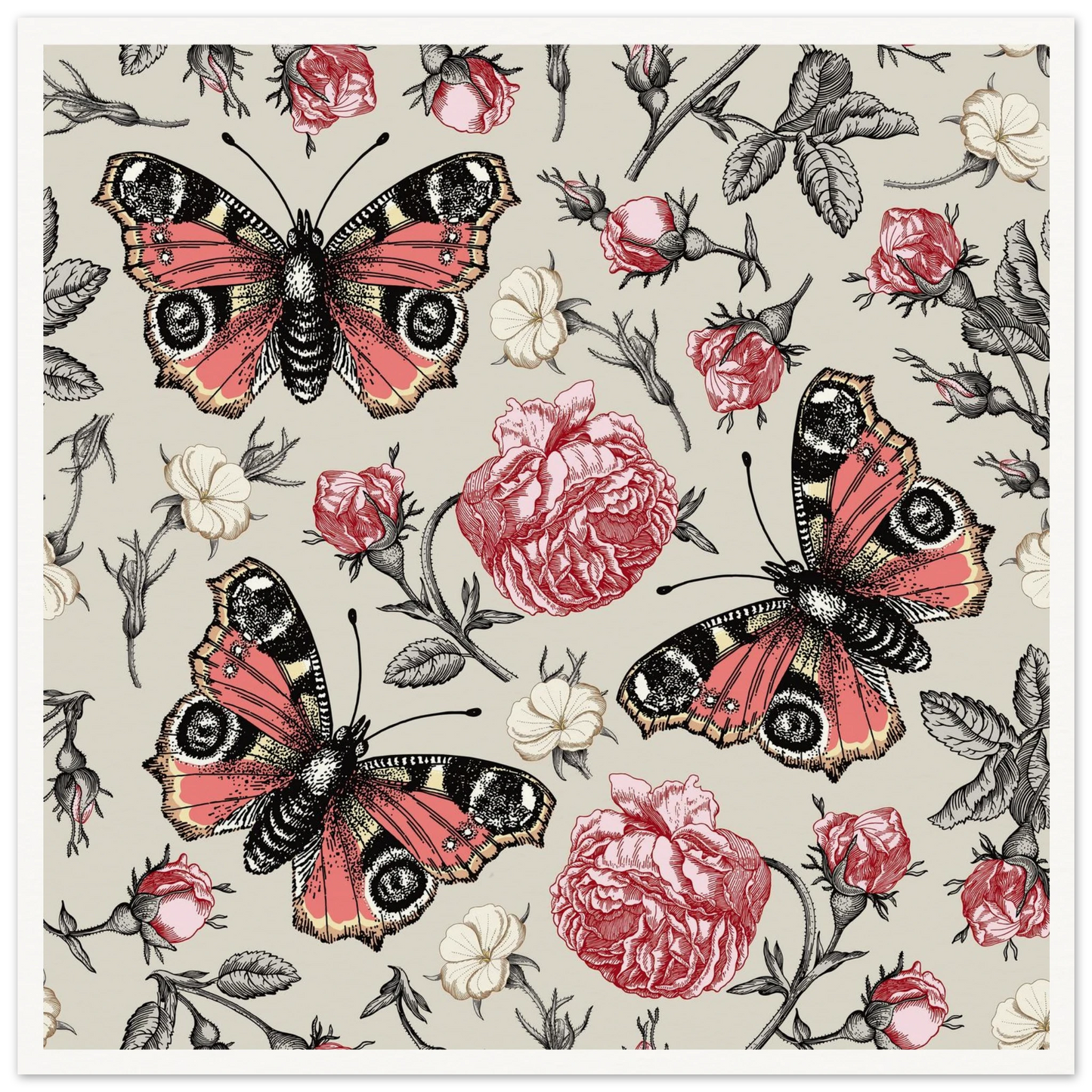 Peacock Eye & Rambler Rose Art Print | William Morris Inspired - Framed Poster - 30x30 cm / 12x12″ - Black frame