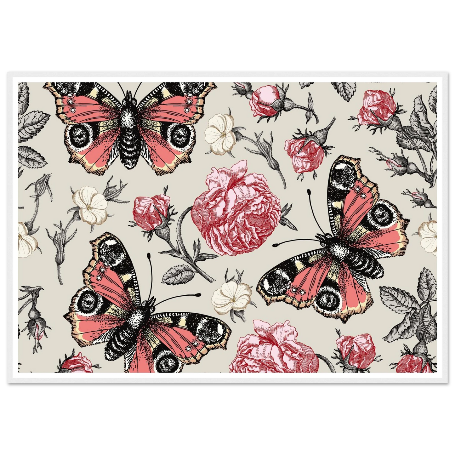 Peacock Eye & Rambler Rose Art Print | William Morris Inspired - Framed Poster - 30x30 cm / 12x12″ - Black frame