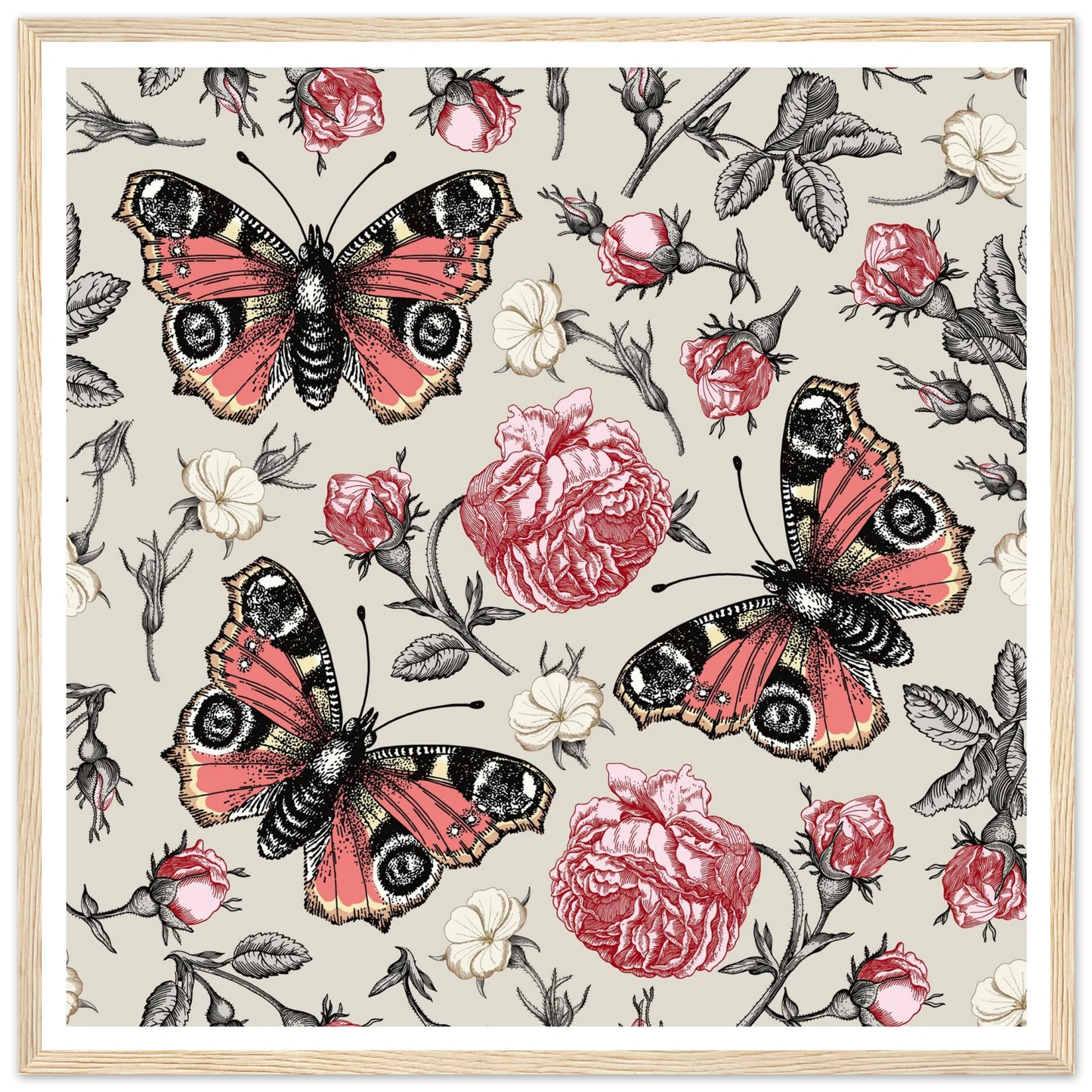 Peacock Eye & Rambler Rose Art Print | William Morris Inspired - Framed Poster - 30x30 cm / 12x12″ - Black frame