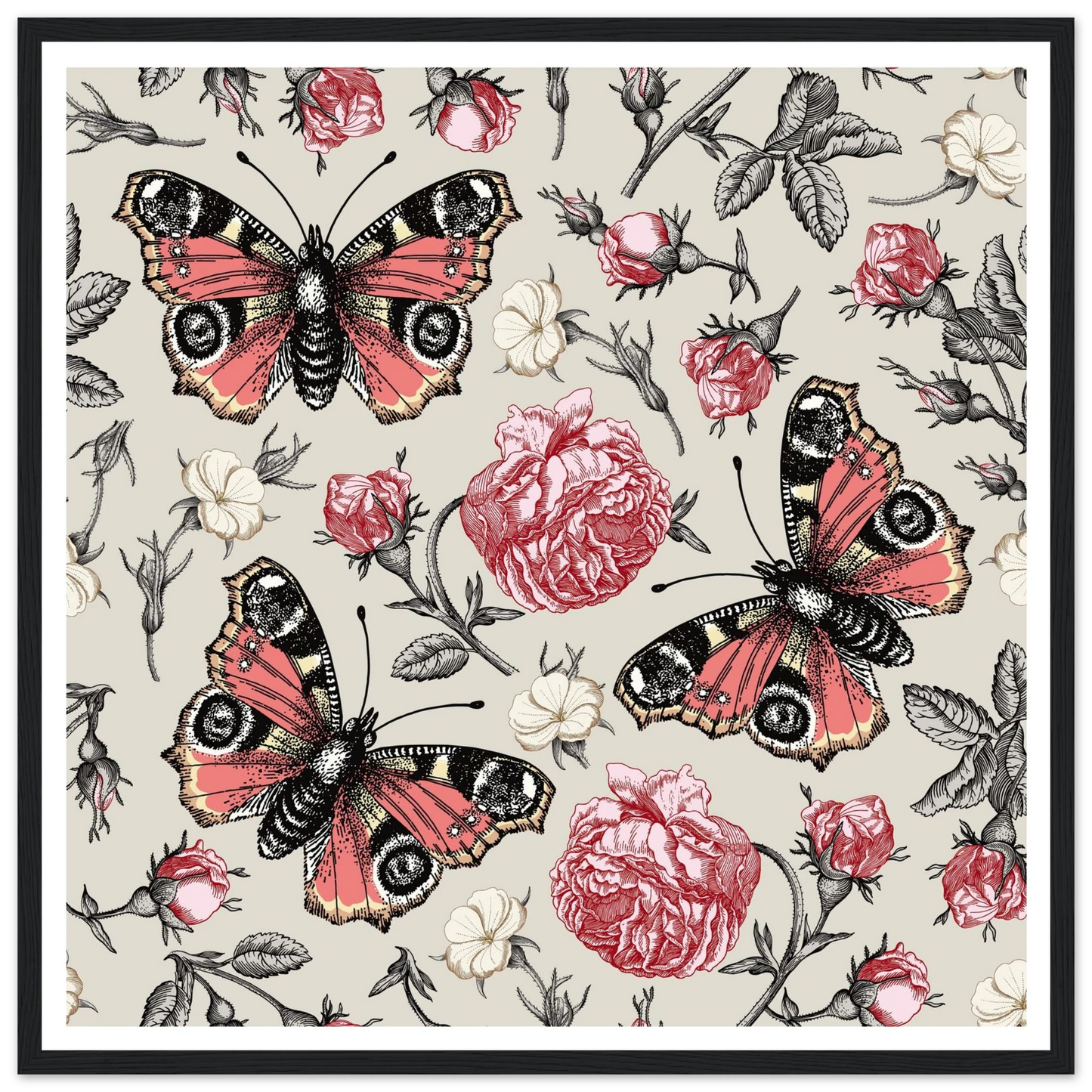Peacock Eye & Rambler Rose Art Print | William Morris Inspired - Framed Poster - 30x30 cm / 12x12″ - Black frame