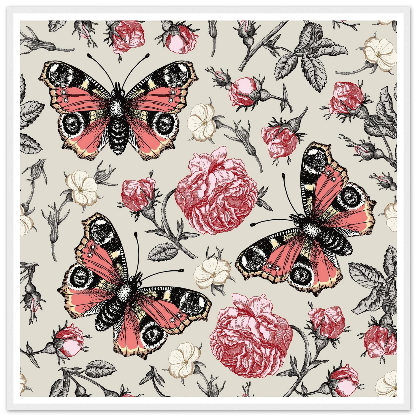 Peacock Eye & Rambler Rose Art Print | William Morris Inspired - Framed Poster - 30x30 cm / 12x12″ - Black frame