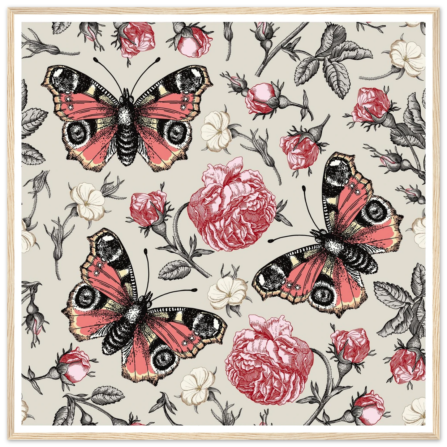 Peacock Eye & Rambler Rose Art Print | William Morris Inspired - Framed Poster - 30x30 cm / 12x12″ - Black frame