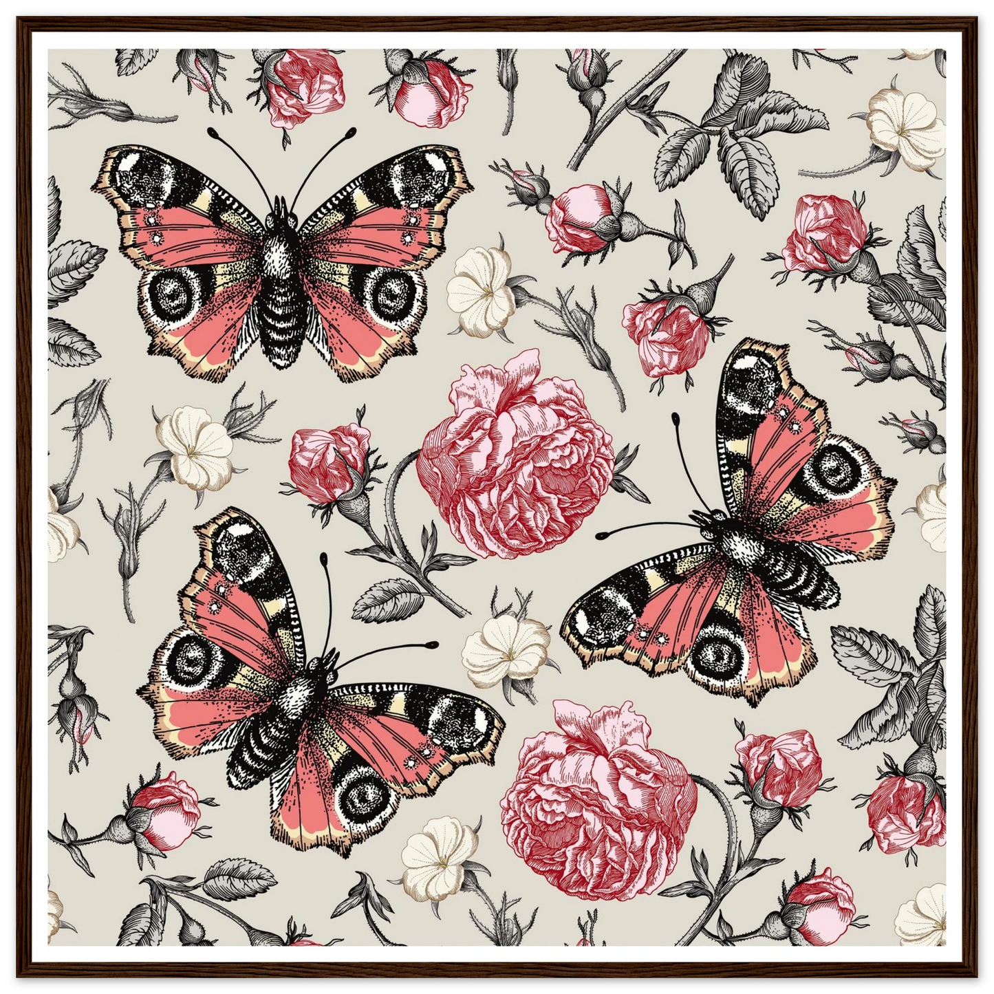 Peacock Eye & Rambler Rose Art Print | William Morris Inspired - Framed Poster - 30x30 cm / 12x12″ - Black frame