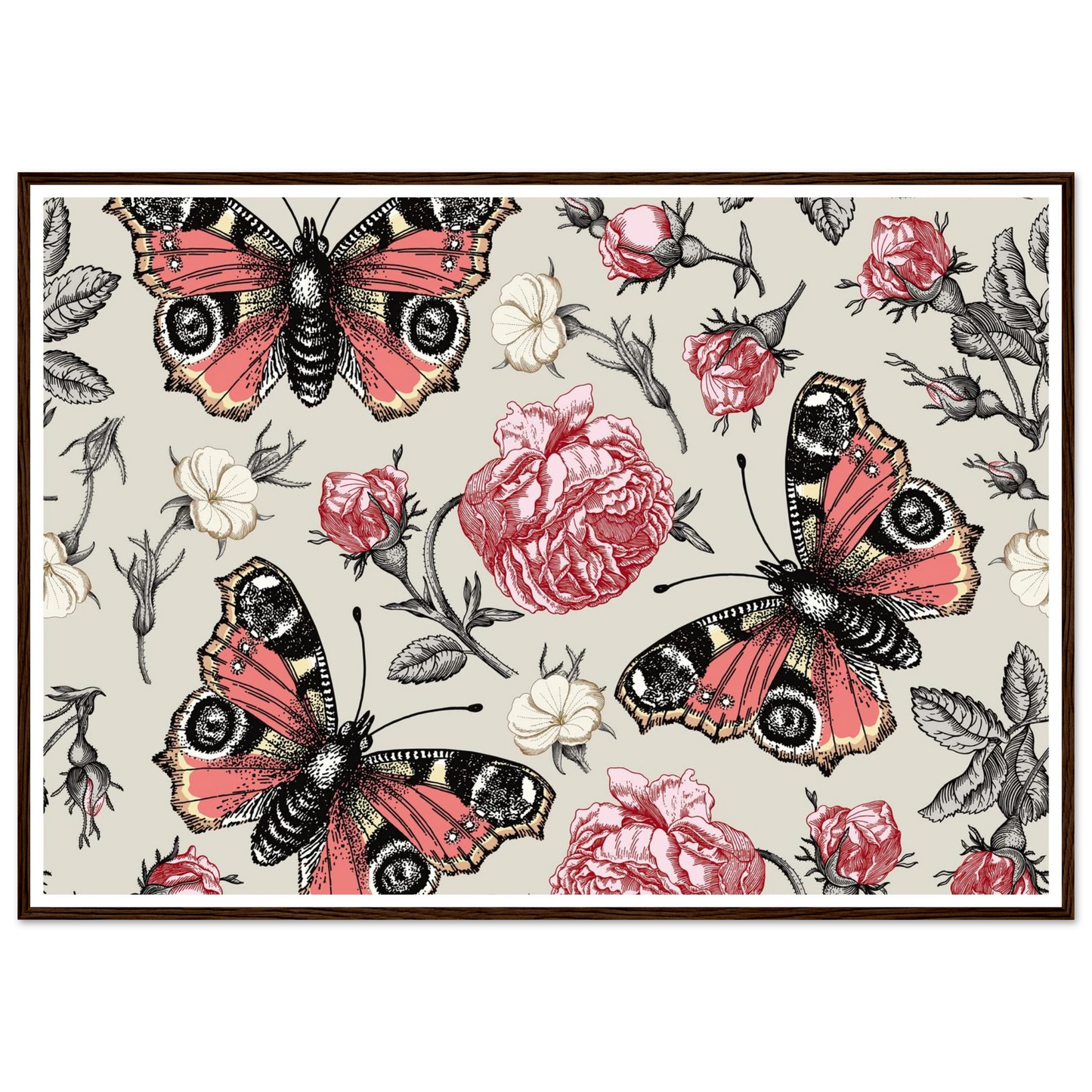 Peacock Eye & Rambler Rose Art Print | William Morris Inspired - Framed Poster - 30x30 cm / 12x12″ - Black frame