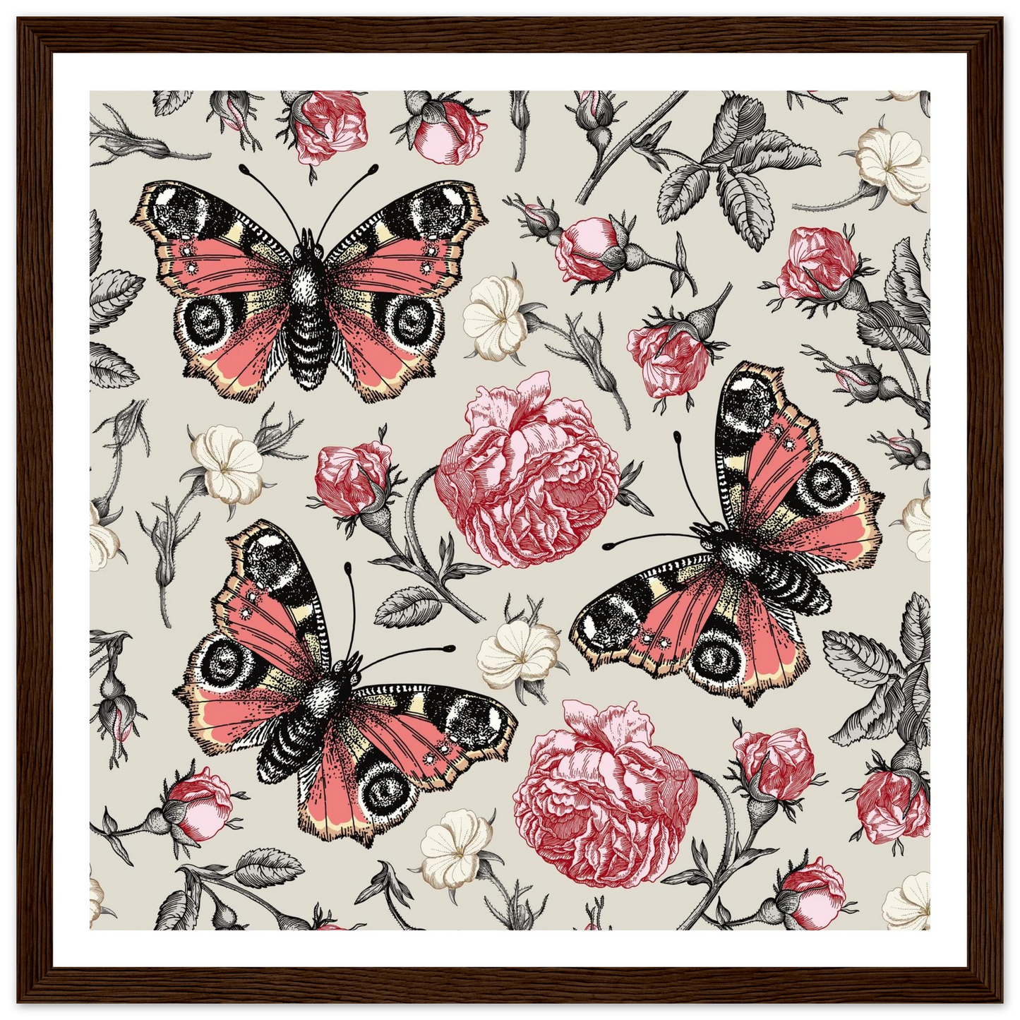 Peacock Eye & Rambler Rose Art Print | William Morris Inspired - Framed Poster - 30x30 cm / 12x12″ - Black frame