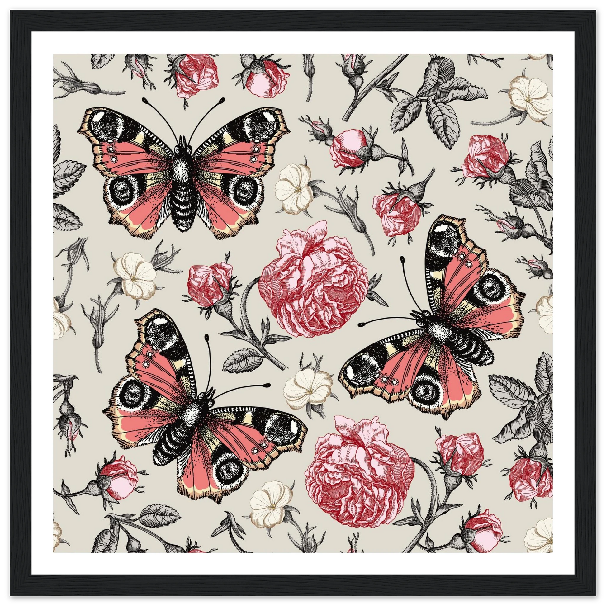 Peacock Eye & Rambler Rose Art Print | William Morris Inspired - Framed Poster - 30x30 cm / 12x12″ - Black frame