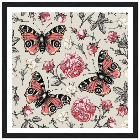 Peacock Eye & Rambler Rose Art Print | William Morris Inspired - Framed Poster - 30x30 cm / 12x12″ - Black frame