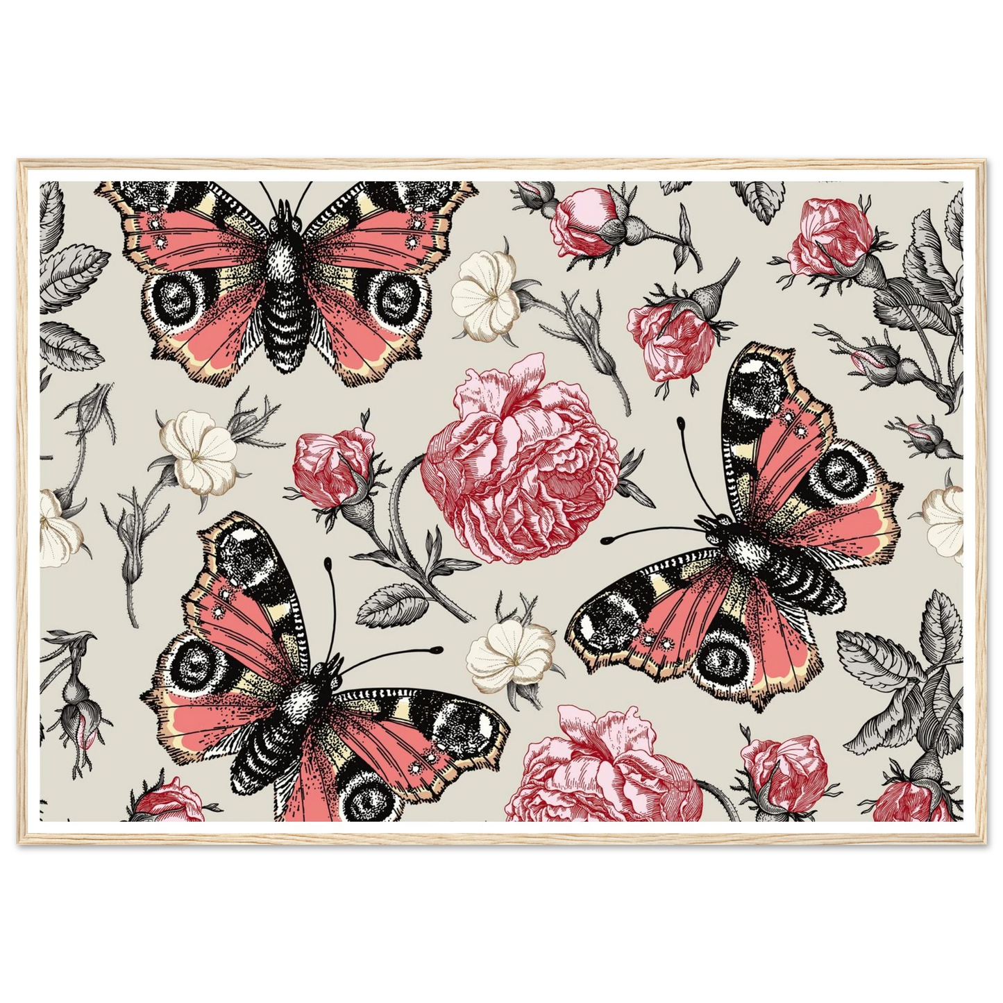 Peacock Eye & Rambler Rose Art Print | William Morris Inspired - Framed Poster - 30x30 cm / 12x12″ - Black frame