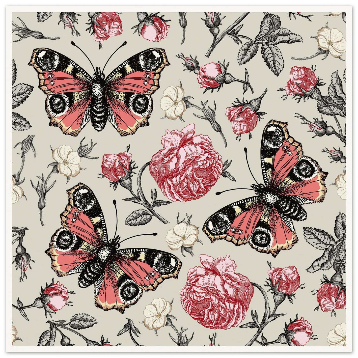 Peacock Eye & Rambler Rose Art Print | William Morris Inspired - Framed Poster - 30x30 cm / 12x12″ - Black frame