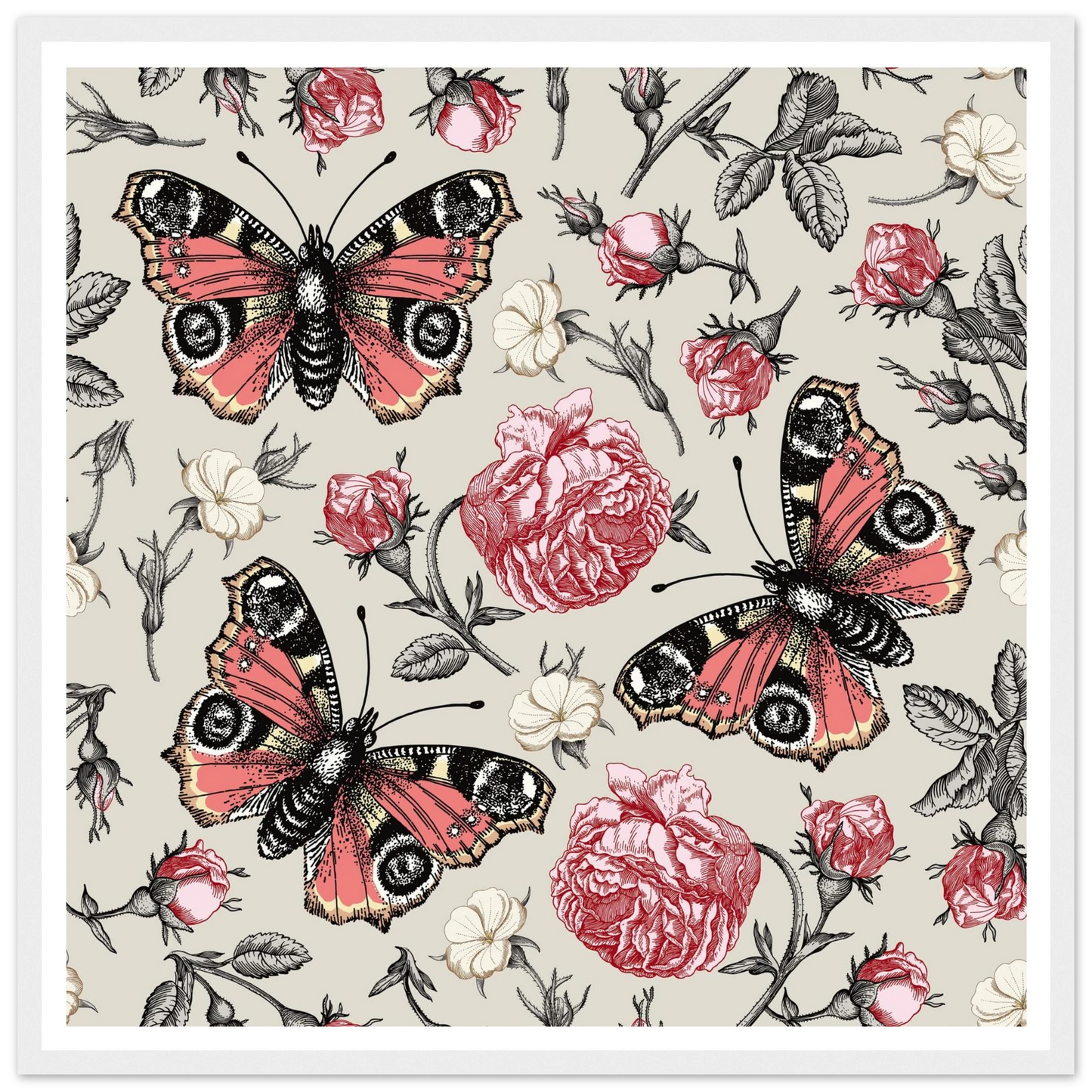 Peacock Eye & Rambler Rose Art Print | William Morris Inspired - Framed Poster - 30x30 cm / 12x12″ - Black frame