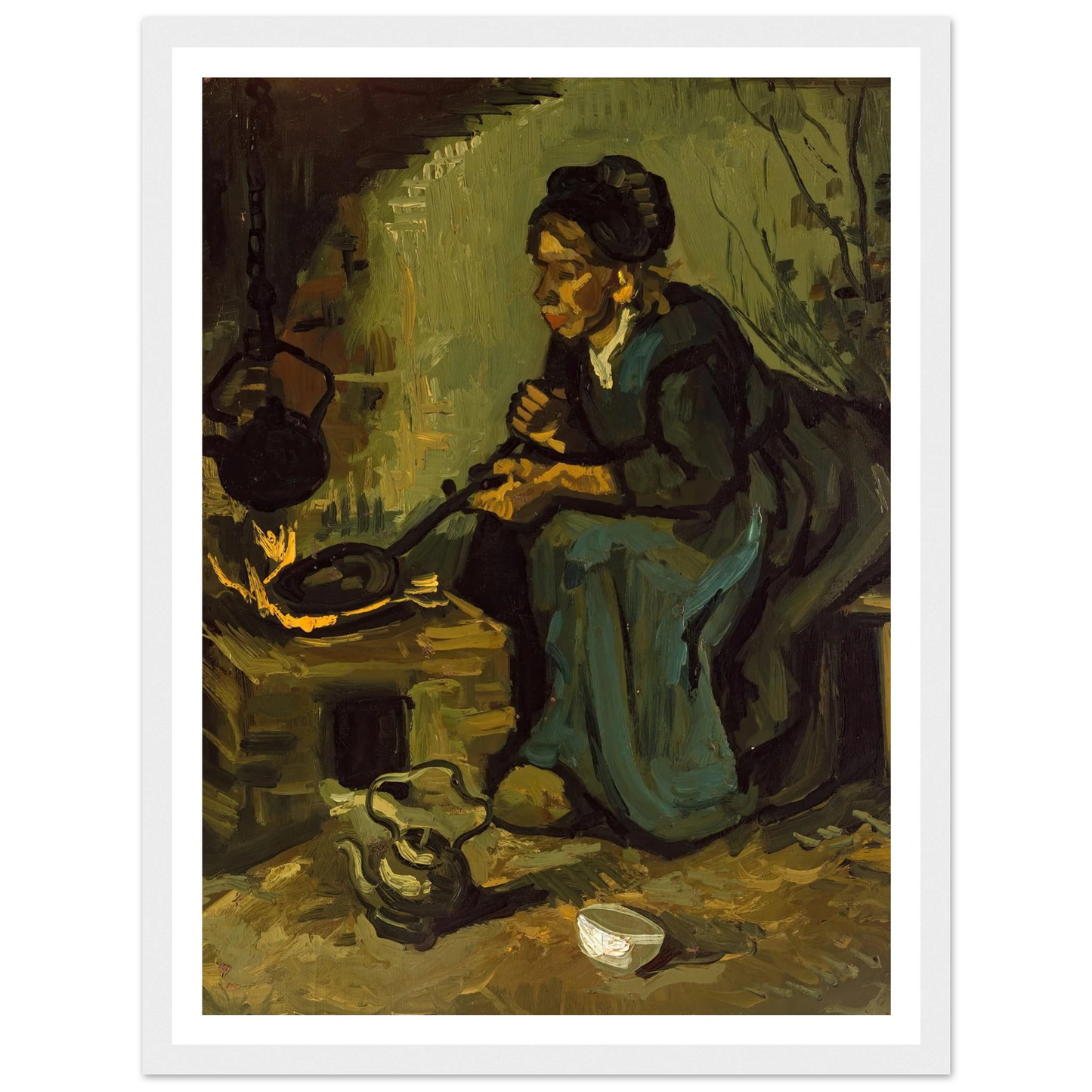 Peasant Woman Cooking by a Fireplace (1885) Art Print | Vincent van Gogh - Framed Poster - 30x40 cm / 12x16″ - Black frame