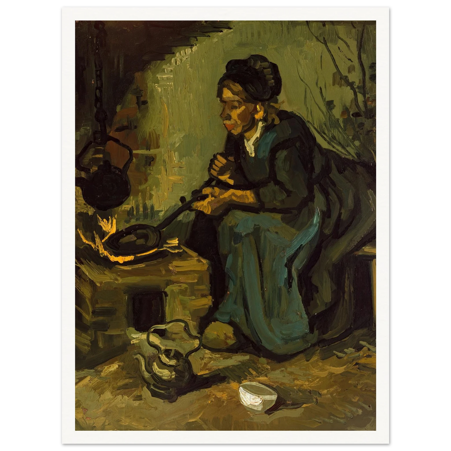 Peasant Woman Cooking by a Fireplace (1885) Art Print | Vincent van Gogh - Framed Poster - 30x40 cm / 12x16″ - Black frame