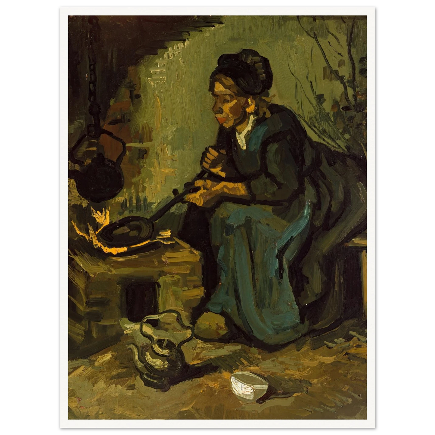 Peasant Woman Cooking by a Fireplace (1885) Art Print | Vincent van Gogh - Framed Poster - 30x40 cm / 12x16″ - Black frame