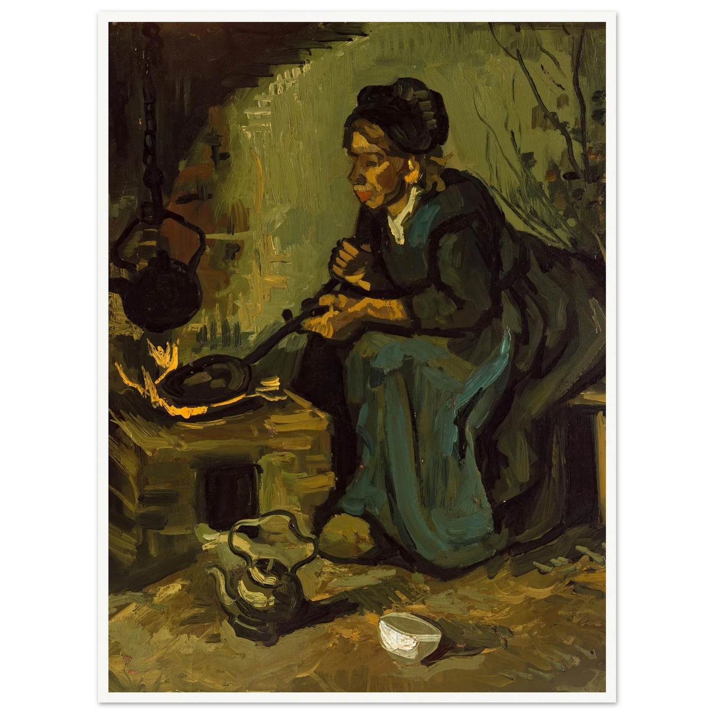 Peasant Woman Cooking by a Fireplace (1885) Art Print | Vincent van Gogh - Framed Poster - 30x40 cm / 12x16″ - Black frame