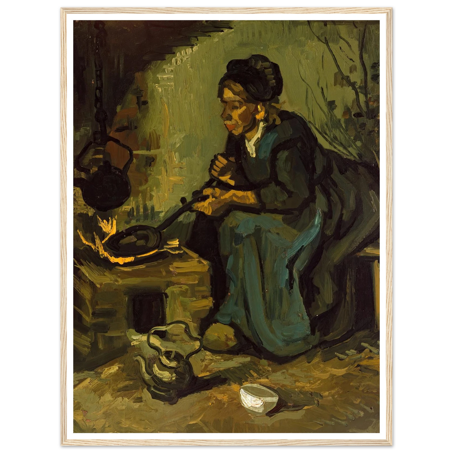 Peasant Woman Cooking by a Fireplace (1885) Art Print | Vincent van Gogh - Framed Poster - 30x40 cm / 12x16″ - Black frame